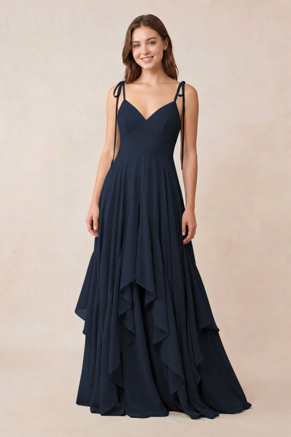 Cami Strap Ruffled A-Line Chiffon Bridesmaid Dress in Dark Navy