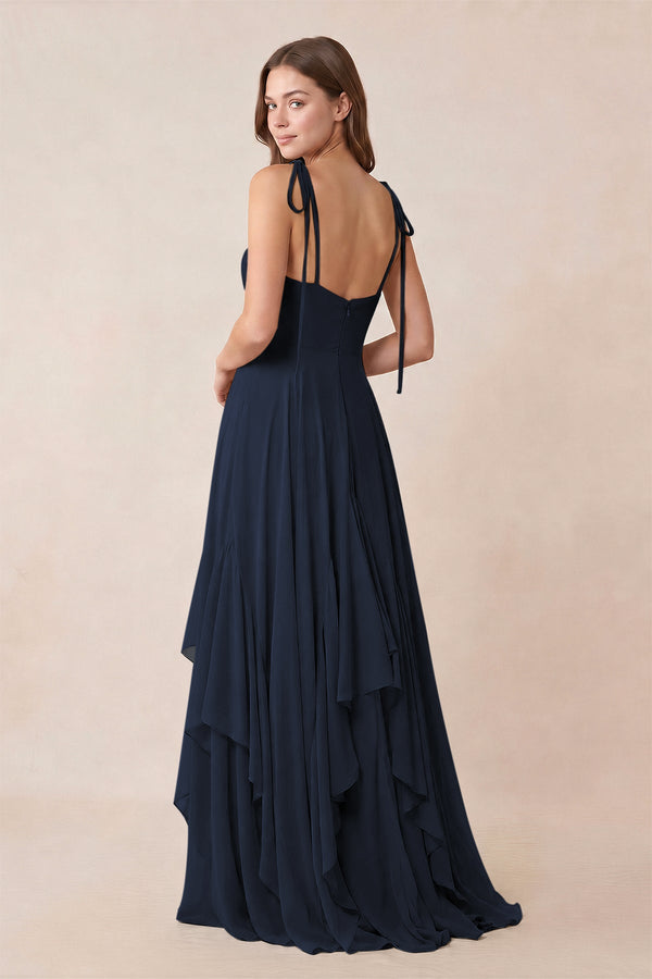 Cami Strap Ruffled A - Line Chiffon Bridesmaid Dress in Dark Navy - KISS BRIDAL Bridesmaid Dresses