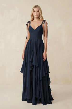 Cami Strap Ruffled A - Line Chiffon Bridesmaid Dress in Dark Navy - SHE IS ME Bridesmaid Dresses