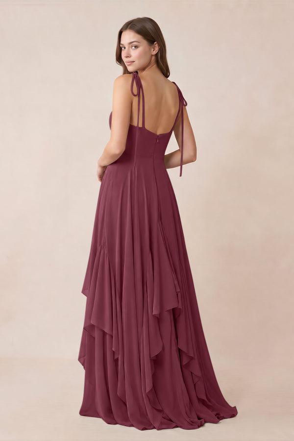 Cami Strap Ruffled A-Line Chiffon Bridesmaid Dress in Desert Rose (2) | KISSBRIDAL