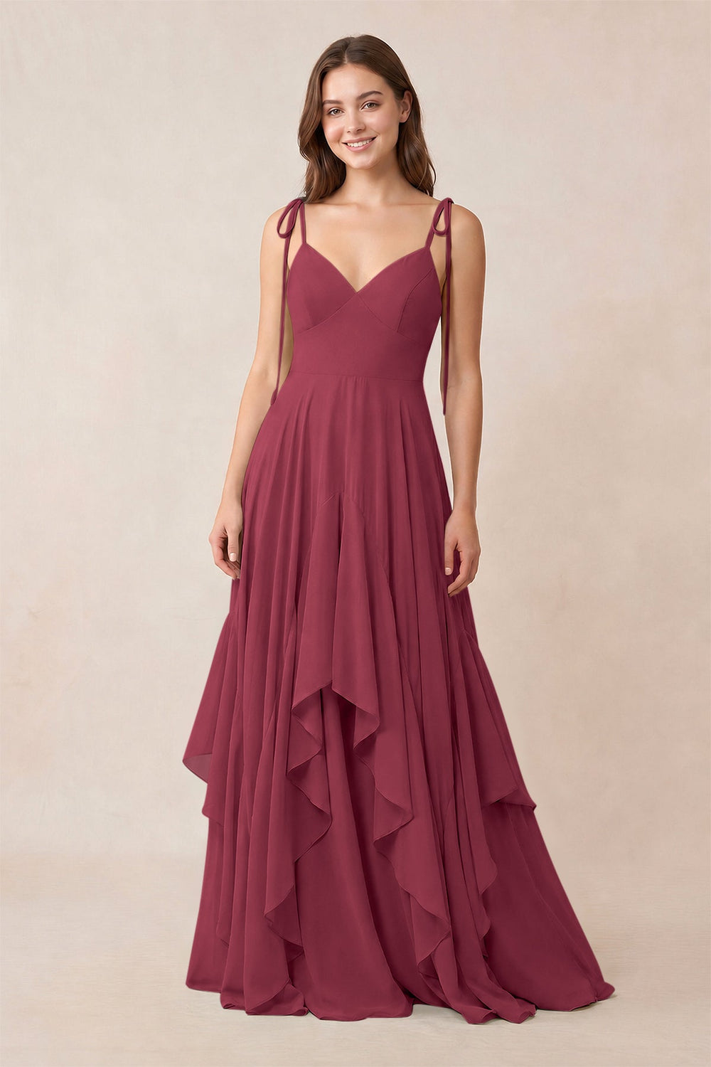 Cami Strap Ruffled A-Line Chiffon Bridesmaid Dress in Desert Rose