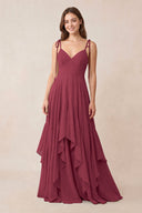 Cami Strap Ruffled A - Line Chiffon Bridesmaid Dress in Desert Rose - KISS BRIDAL Bridesmaid Dresses