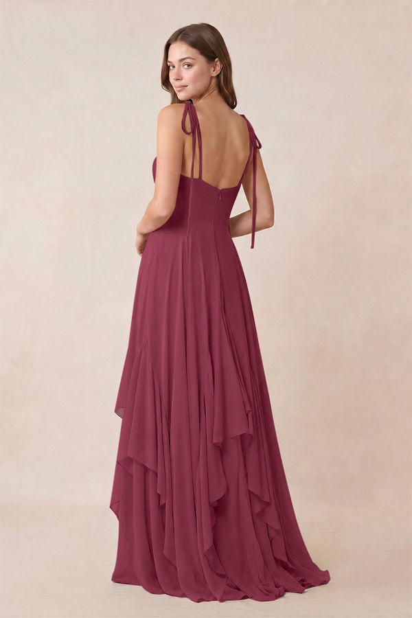 Cami Strap Ruffled A - Line Chiffon Bridesmaid Dress in Desert Rose - KISS BRIDAL Bridesmaid Dresses