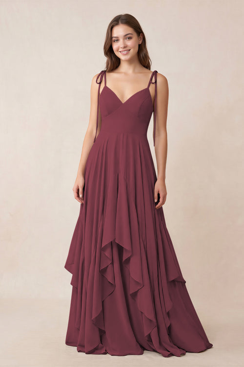 Cami Strap Ruffled A-Line Chiffon Bridesmaid Dress in Desert Rose | KISSBRIDAL