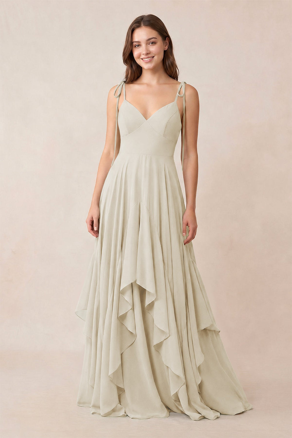 Cami Strap Ruffled A-Line Chiffon Bridesmaid Dress in Dove Gray