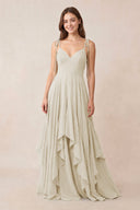 Cami Strap Ruffled A - Line Chiffon Bridesmaid Dress in Dove Gray - KISS BRIDAL Bridesmaid Dresses