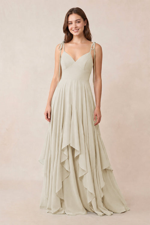 Cami Strap Ruffled A - Line Chiffon Bridesmaid Dress in Dove Gray - KISS BRIDAL Bridesmaid Dresses