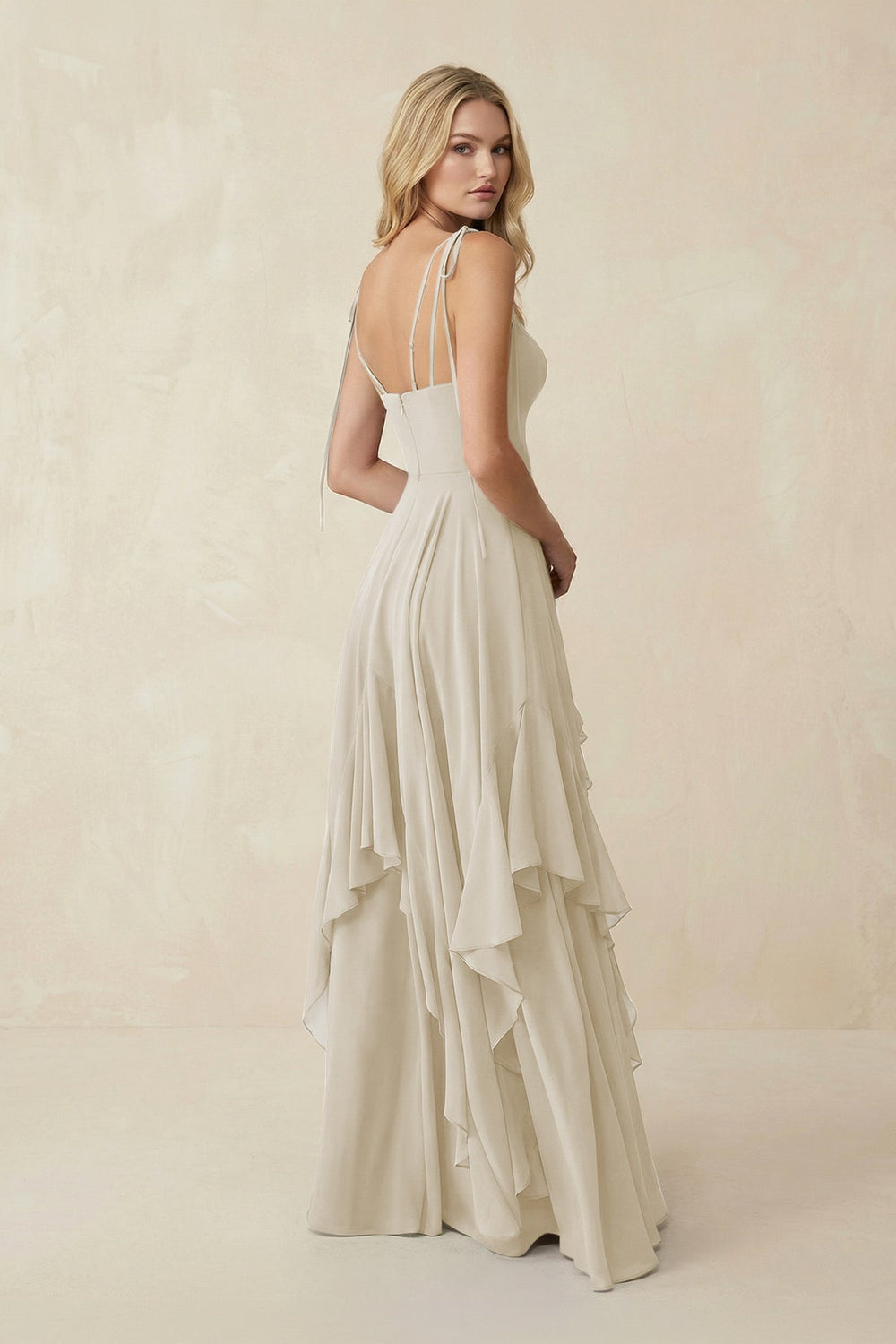 Cami Strap Ruffled A - Line Chiffon Bridesmaid Dress in Dove Gray - KISS BRIDAL Bridesmaid Dresses