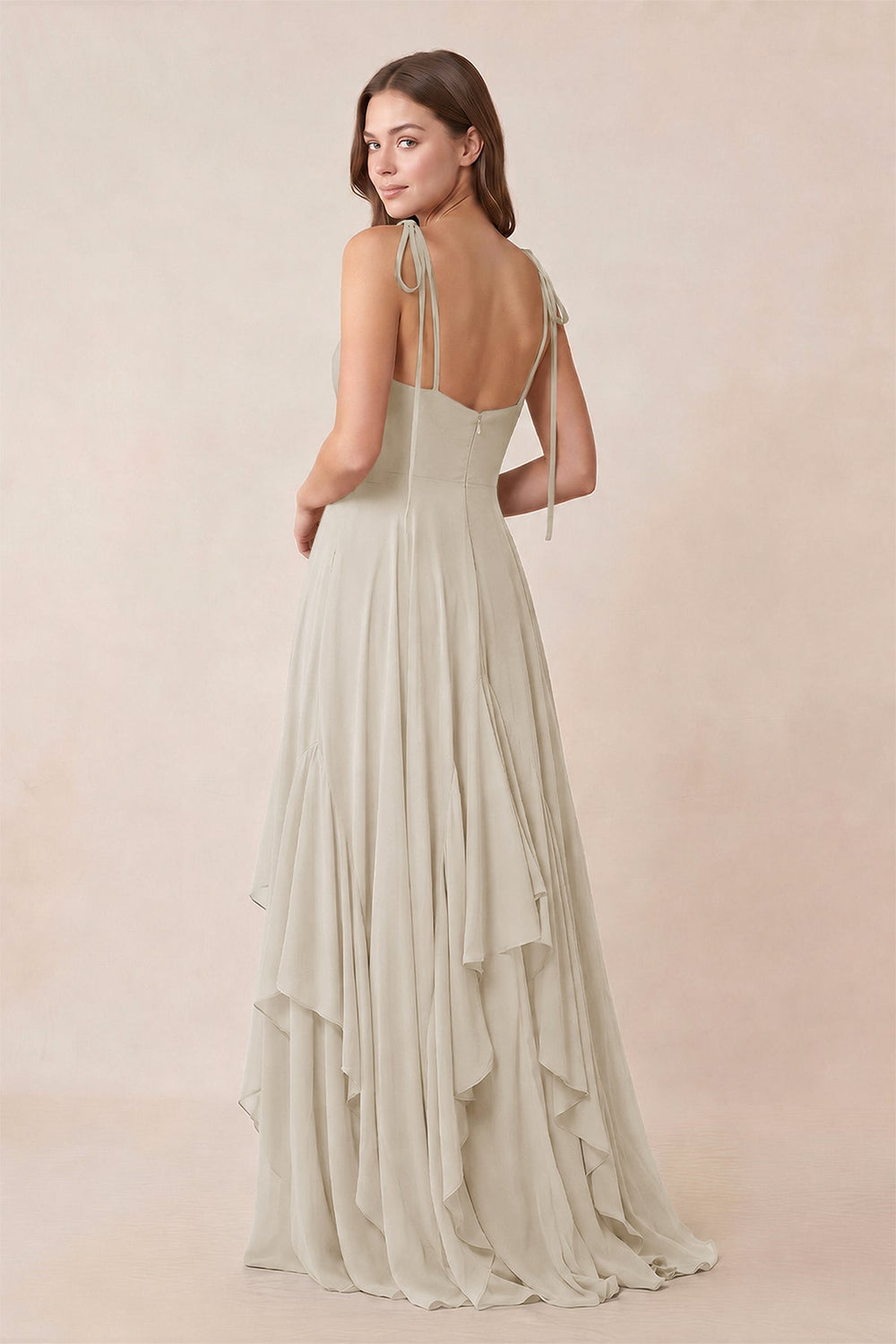 Cami Strap Ruffled A-Line Chiffon Bridesmaid Dress in Dove Gray
