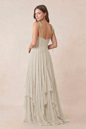 Cami Strap Ruffled A - Line Chiffon Bridesmaid Dress in Dove Gray - KISS BRIDAL Bridesmaid Dresses