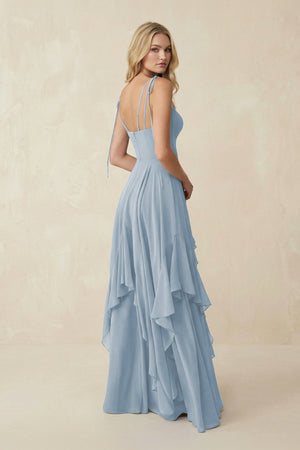 Cami Strap Ruffled A - Line Chiffon Bridesmaid Dress in Dusty Blue - SHE IS ME Bridesmaid Dresses