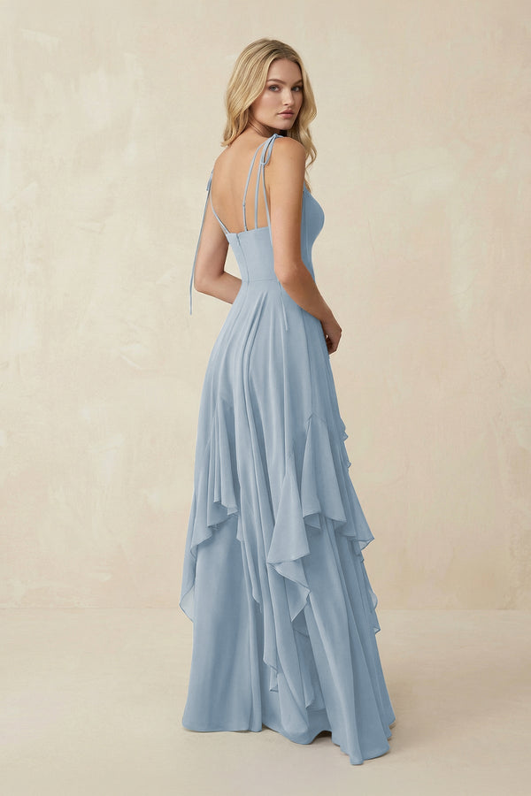 Cami Strap Ruffled A - Line Chiffon Bridesmaid Dress in Dusty Blue - SHE IS ME Bridesmaid Dresses