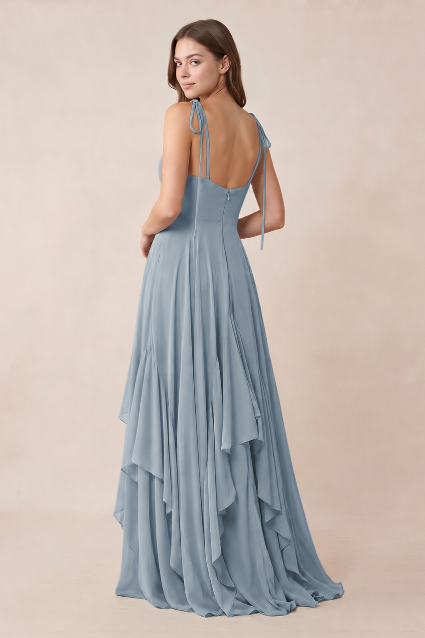 Cami Strap Ruffled A-Line Chiffon Bridesmaid Dress in Dusty Blue