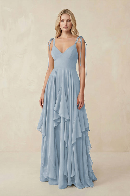 Cami Strap Ruffled A - Line Chiffon Bridesmaid Dress in Dusty Blue - SHE IS ME Bridesmaid Dresses