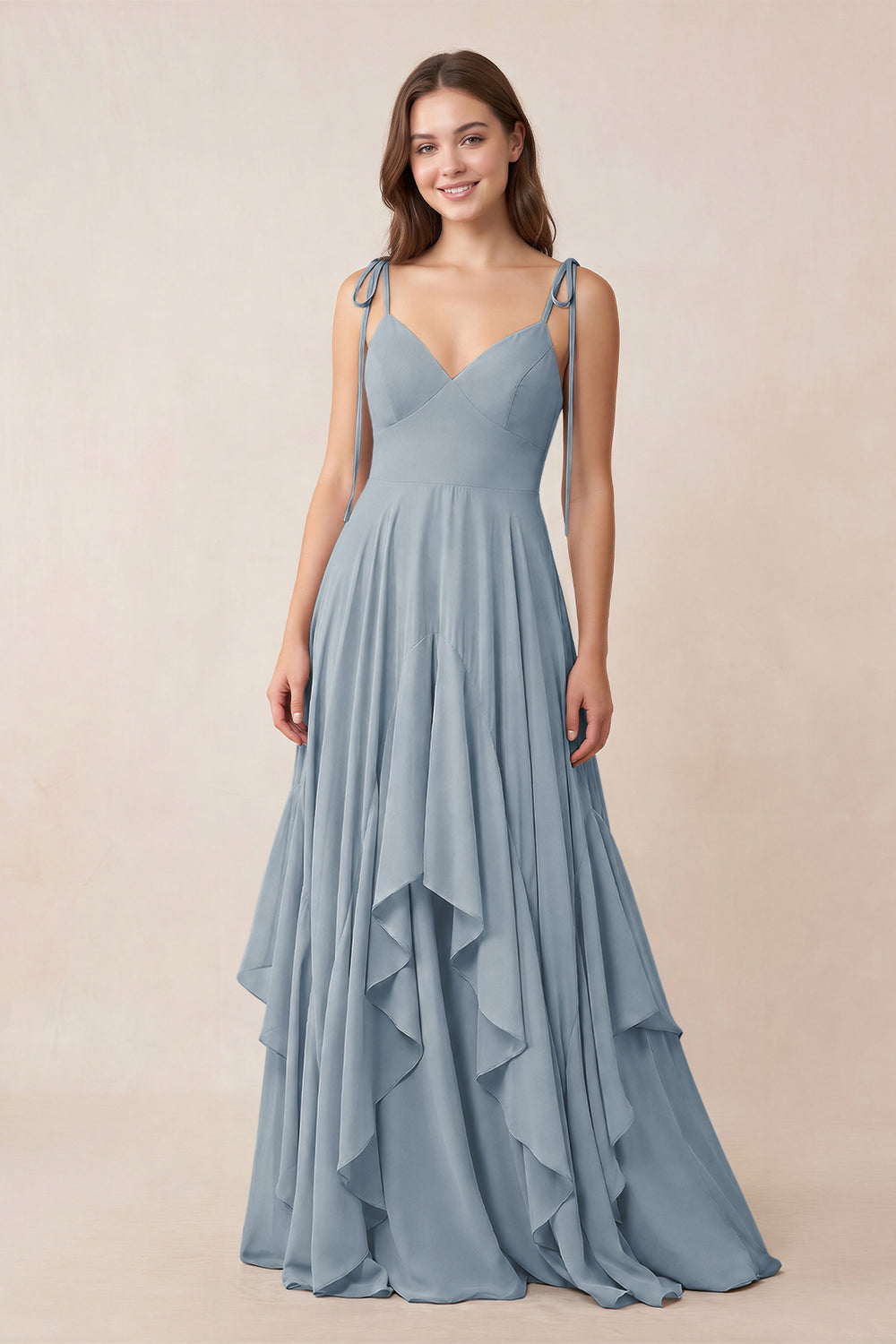 Cami Strap Ruffled A-Line Chiffon Bridesmaid Dress in Dusty Blue