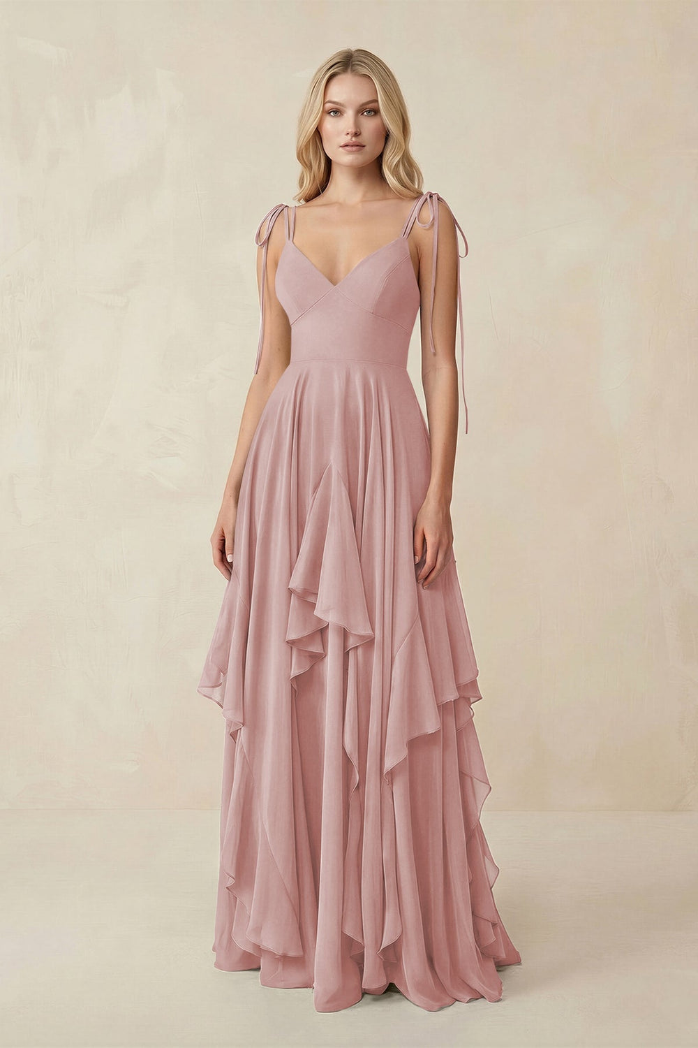 Cami Strap Ruffled A - Line Chiffon Bridesmaid Dress in Dusty Rose - KISS BRIDAL Bridesmaid Dresses