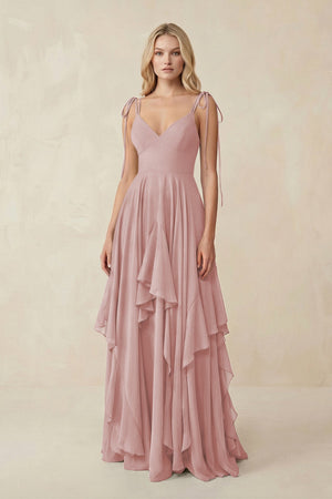 Cami Strap Ruffled A - Line Chiffon Bridesmaid Dress in Dusty Rose - SHE IS ME Bridesmaid Dresses