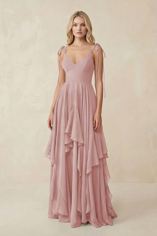 Cami Strap Ruffled A - Line Chiffon Bridesmaid Dress in Dusty Rose - SHE IS ME Bridesmaid Dresses