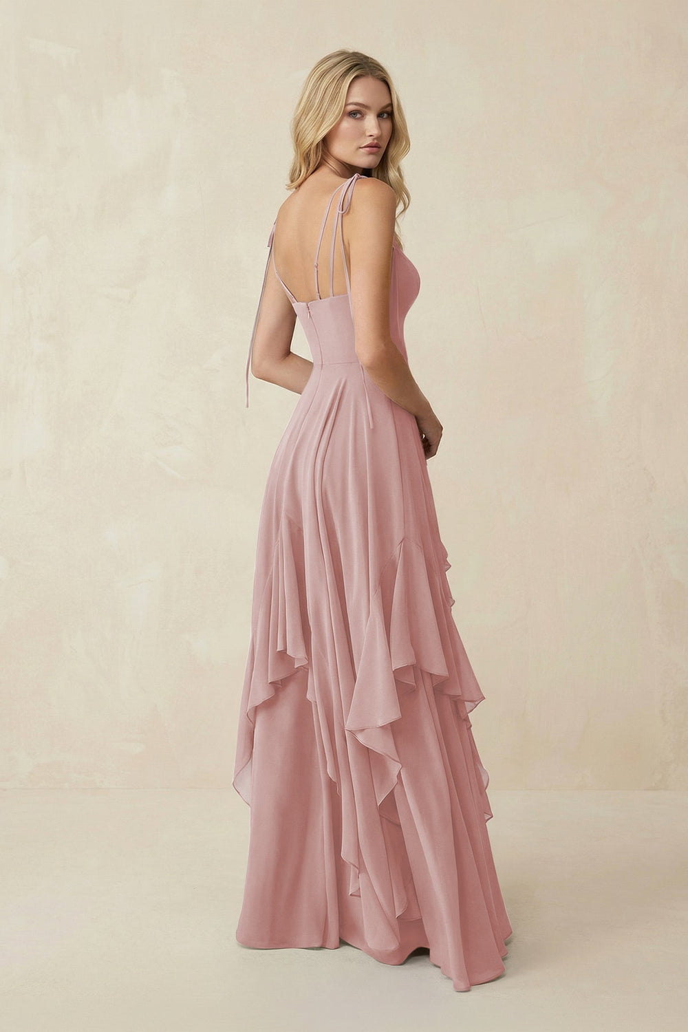 Cami Strap Ruffled A - Line Chiffon Bridesmaid Dress in Dusty Rose - KISS BRIDAL Bridesmaid Dresses