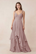 Cami Strap Ruffled A-Line Chiffon Bridesmaid Dress in Dusty Rose | KISSBRIDAL