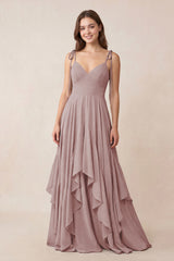 Cami Strap Ruffled A-Line Chiffon Bridesmaid Dress in Dusty Rose | KISSBRIDAL