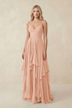 Cami Strap Ruffled A - Line Chiffon Bridesmaid Dress in English Rose - SHE IS ME Bridesmaid Dresses