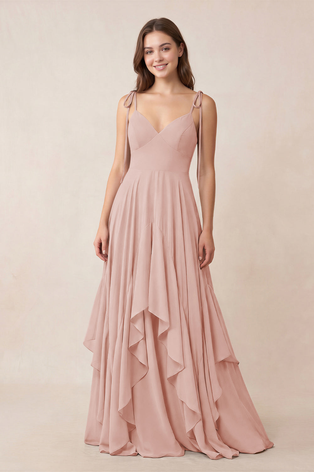 Cami Strap Ruffled A-Line Chiffon Bridesmaid Dress in English Rose