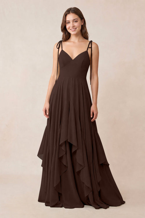Cami Strap Ruffled A - Line Chiffon Bridesmaid Dress in Espresso - KISS BRIDAL Bridesmaid Dresses