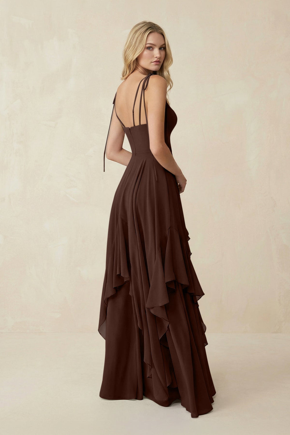 Cami Strap Ruffled A - Line Chiffon Bridesmaid Dress in Espresso - KISS BRIDAL Bridesmaid Dresses