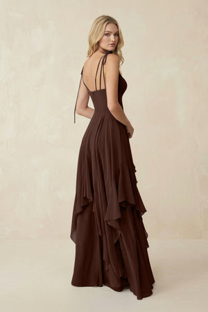 Cami Strap Ruffled A - Line Chiffon Bridesmaid Dress in Espresso - SHE IS ME Bridesmaid Dresses