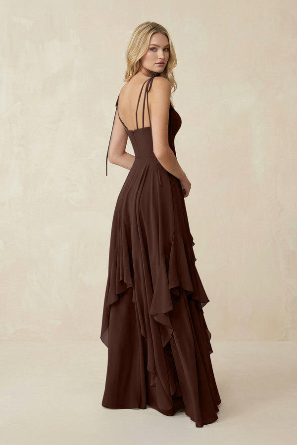 Cami Strap Ruffled A - Line Chiffon Bridesmaid Dress in Espresso - SHE IS ME Bridesmaid Dresses