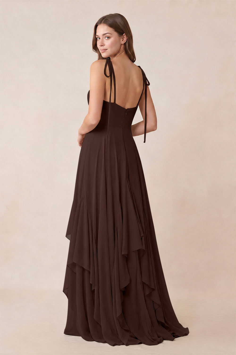 Cami Strap Ruffled A-Line Chiffon Bridesmaid Dress in Espresso