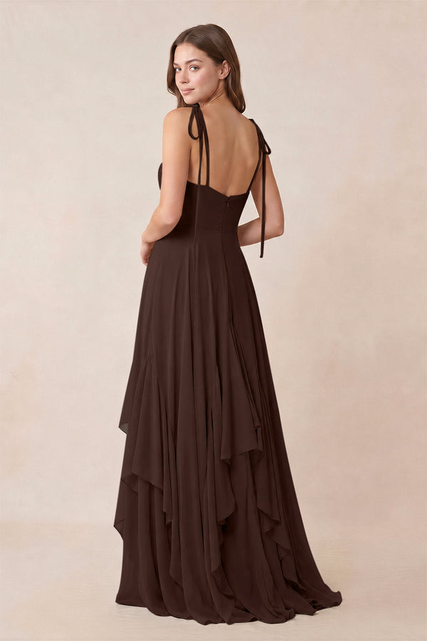 Cami Strap Ruffled A - Line Chiffon Bridesmaid Dress in Espresso - KISS BRIDAL Bridesmaid Dresses