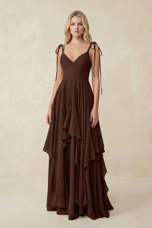 Cami Strap Ruffled A - Line Chiffon Bridesmaid Dress in Espresso - SHE IS ME Bridesmaid Dresses