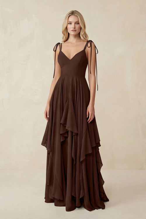 Cami Strap Ruffled A - Line Chiffon Bridesmaid Dress in Espresso - SHE IS ME Bridesmaid Dresses