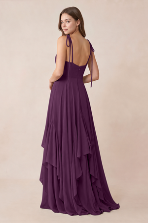 Cami Strap Ruffled A-Line Chiffon Bridesmaid Dress in Fig (2) | KISSBRIDAL