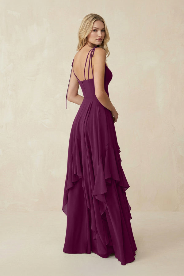 Cami Strap Ruffled A - Line Chiffon Bridesmaid Dress in Fig - SHE IS ME Bridesmaid Dresses