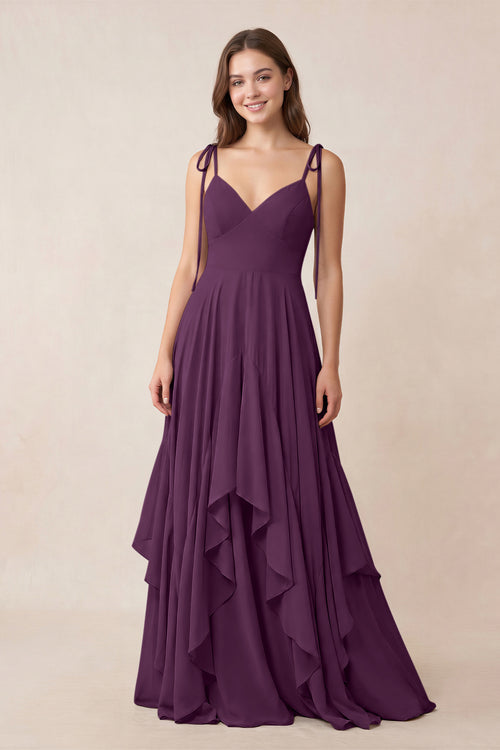 Cami Strap Ruffled A-Line Chiffon Bridesmaid Dress in Fig | KISSBRIDAL