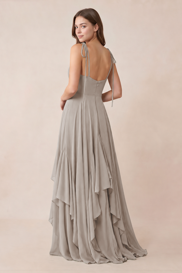 Cami Strap Ruffled A-Line Chiffon Bridesmaid Dress in Frost (2) | KISSBRIDAL