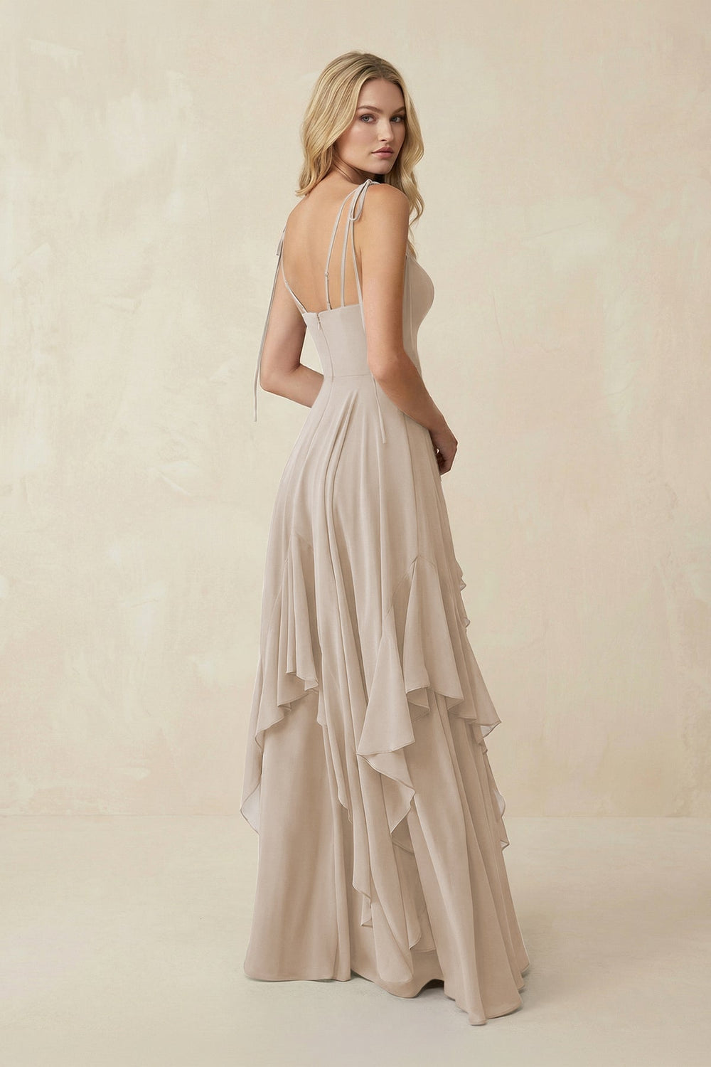 Cami Strap Ruffled A - Line Chiffon Bridesmaid Dress in Frost - KISS BRIDAL Bridesmaid Dresses