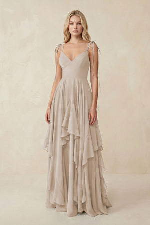 Cami Strap Ruffled A - Line Chiffon Bridesmaid Dress in Frost - SHE IS ME Bridesmaid Dresses