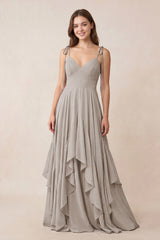 Cami Strap Ruffled A-Line Chiffon Bridesmaid Dress in Frost | KISSBRIDAL