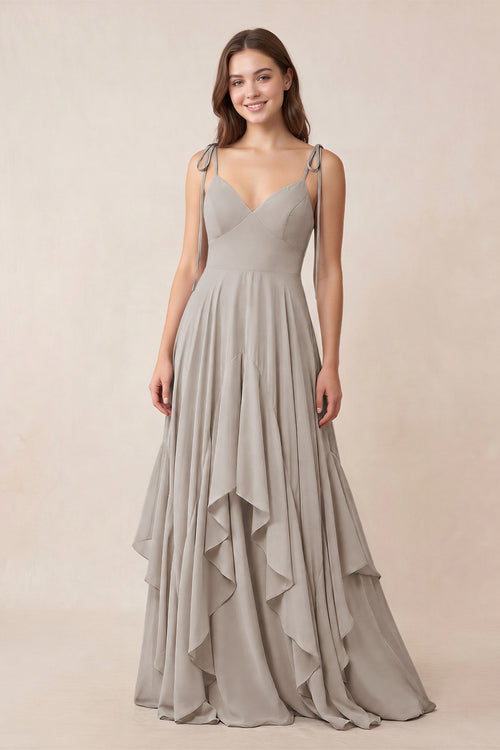 Cami Strap Ruffled A-Line Chiffon Bridesmaid Dress in Frost | KISSBRIDAL