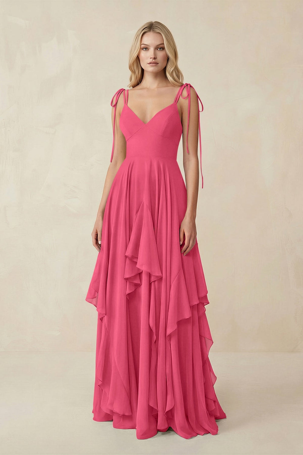 Cami Strap Ruffled A - Line Chiffon Bridesmaid Dress in Fuchsia - KISS BRIDAL Bridesmaid Dresses