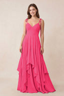 Cami Strap Ruffled A-Line Chiffon Bridesmaid Dress in Fuchsia | KISSBRIDAL