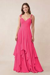 Cami Strap Ruffled A-Line Chiffon Bridesmaid Dress in Fuchsia | KISSBRIDAL