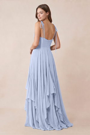 Cami Strap Ruffled A-Line Chiffon Bridesmaid Dress in Ice (2) | KISSBRIDAL