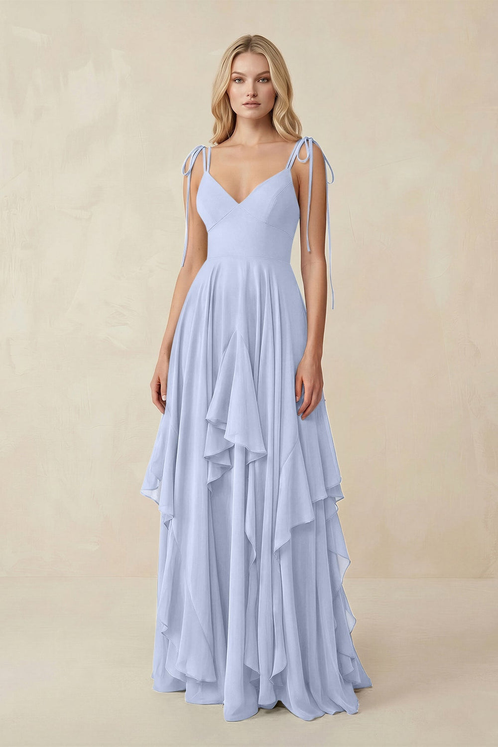Cami Strap Ruffled A - Line Chiffon Bridesmaid Dress in Ice - KISS BRIDAL Bridesmaid Dresses