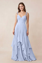 Cami Strap Ruffled A-Line Chiffon Bridesmaid Dress in Ice | KISSBRIDAL