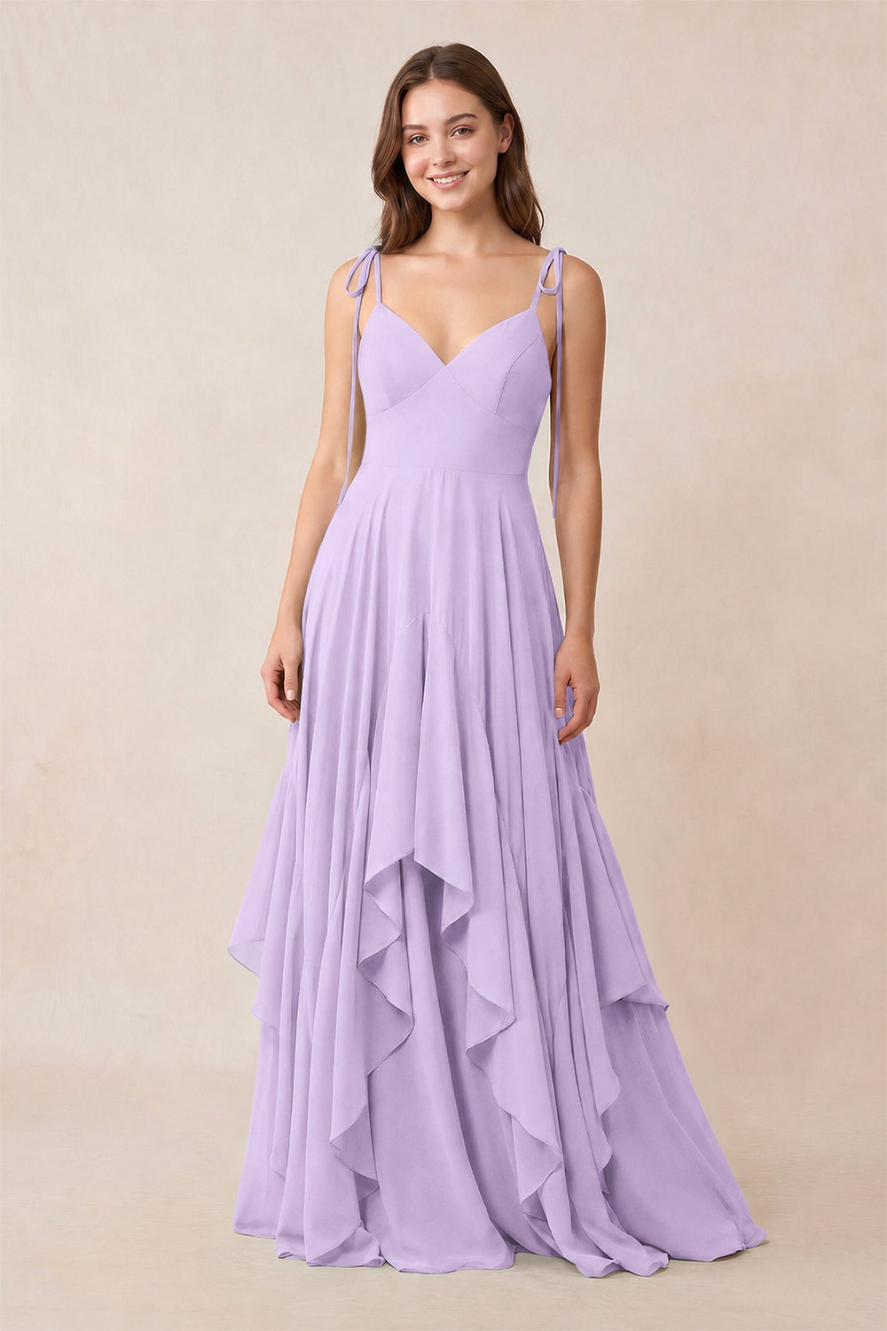 Cami Strap Ruffled A-Line Chiffon Bridesmaid Dress in Lavender